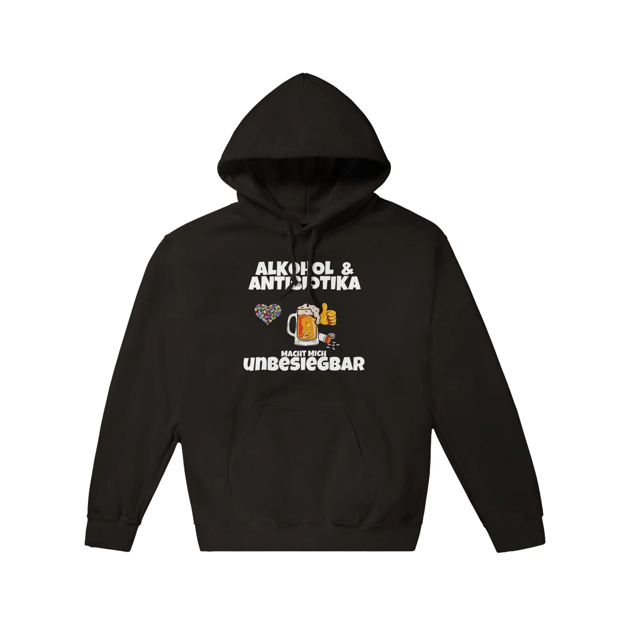 Alkohol und Antibiotika, kombiniert auf unserem Hoodie für Männer und Frauen. Der Unisex Schnitt macht den Meme Hoodie für alle tragbar und ist somit ein passendes Geschenk zu jedem Anlass.