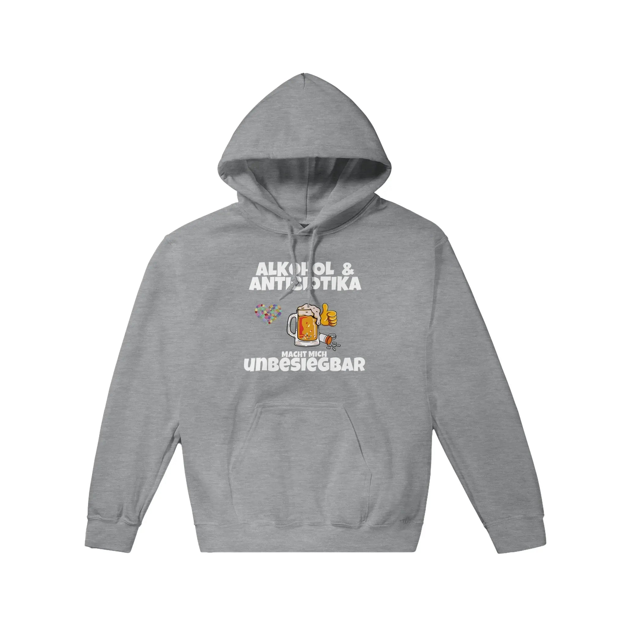 Alkohol und Antibiotika, kombiniert auf unserem Hoodie für Männer und Frauen. Der Unisex Schnitt macht den Meme Hoodie für alle tragbar und ist somit ein passendes Geschenk zu jedem Anlass.