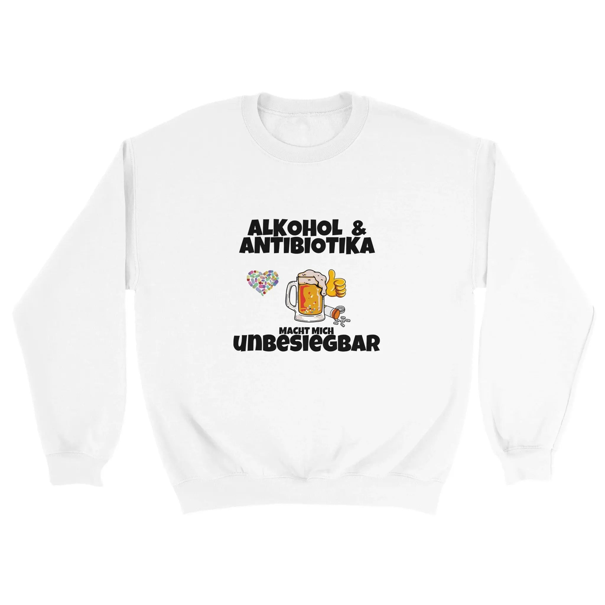 Alkohol und Antibiotika, kombiniert auf unserem Pullover für Männer und Frauen. Der Unisex Schnitt macht den Meme Pulli für alle tragbar und ist somit ein passendes Geschenk zu jedem Anlass.