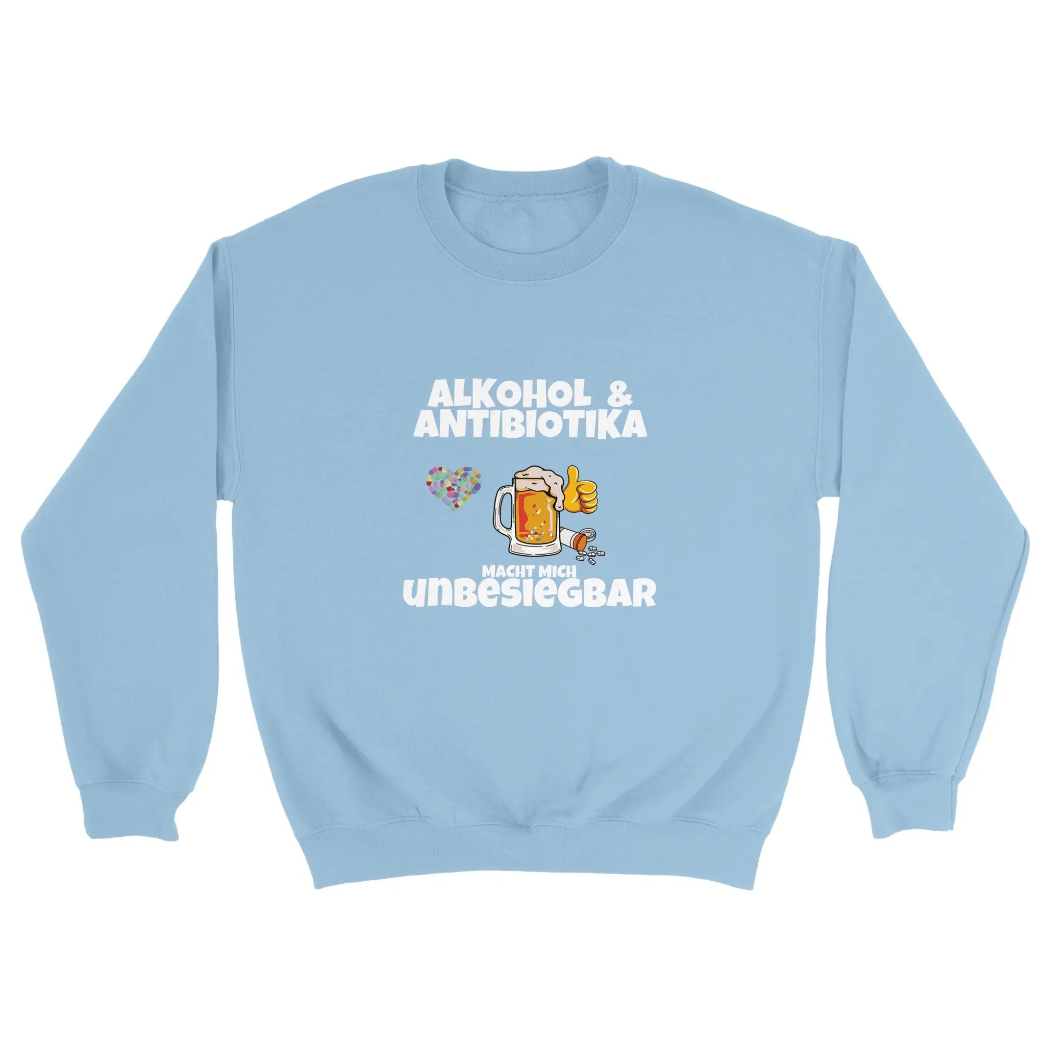 Alkohol und Antibiotika, kombiniert auf unserem Pullover für Männer und Frauen. Der Unisex Schnitt macht den Meme Pulli für alle tragbar und ist somit ein passendes Geschenk zu jedem Anlass.