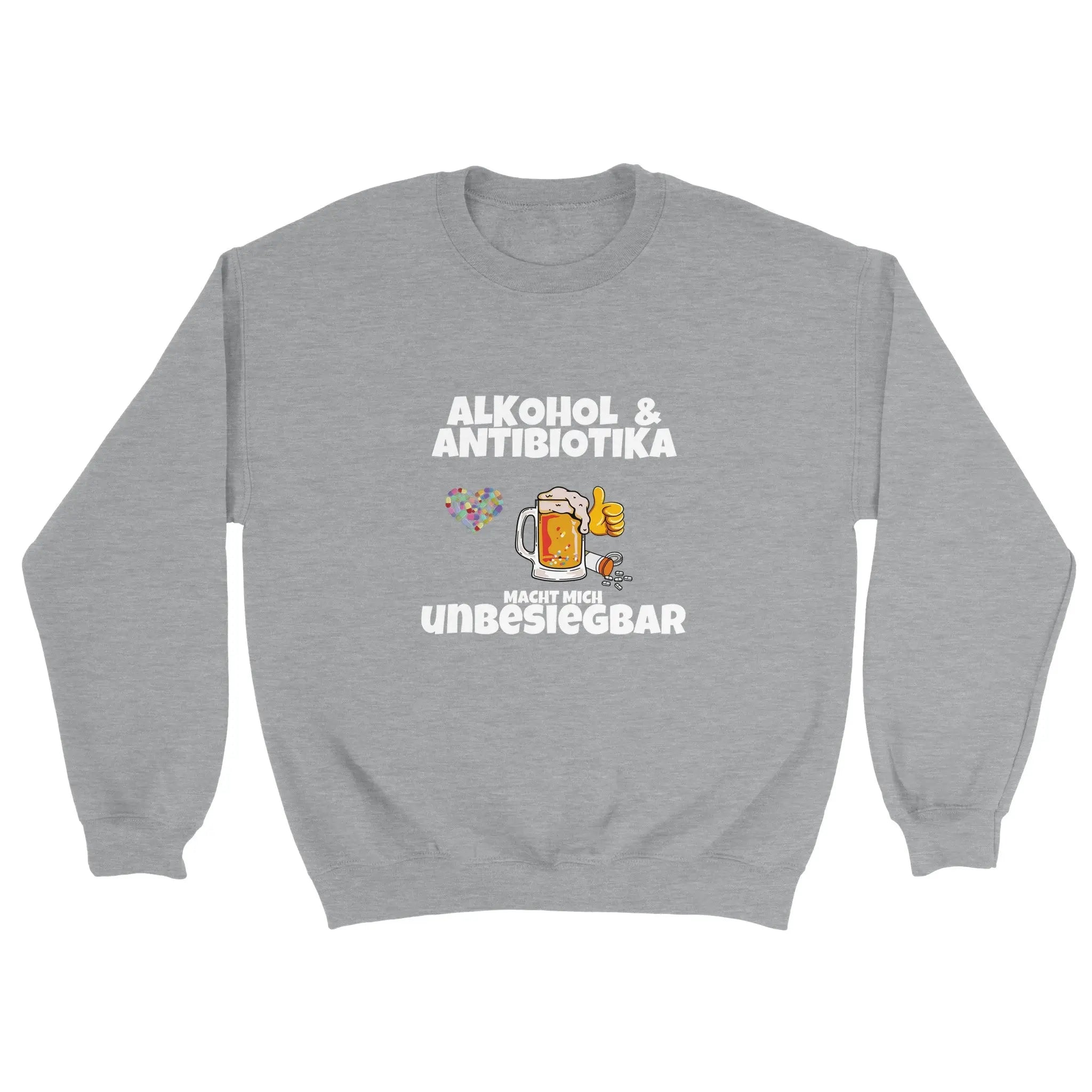 Alkohol und Antibiotika, kombiniert auf unserem Pullover für Männer und Frauen. Der Unisex Schnitt macht den Meme Pulli für alle tragbar und ist somit ein passendes Geschenk zu jedem Anlass.