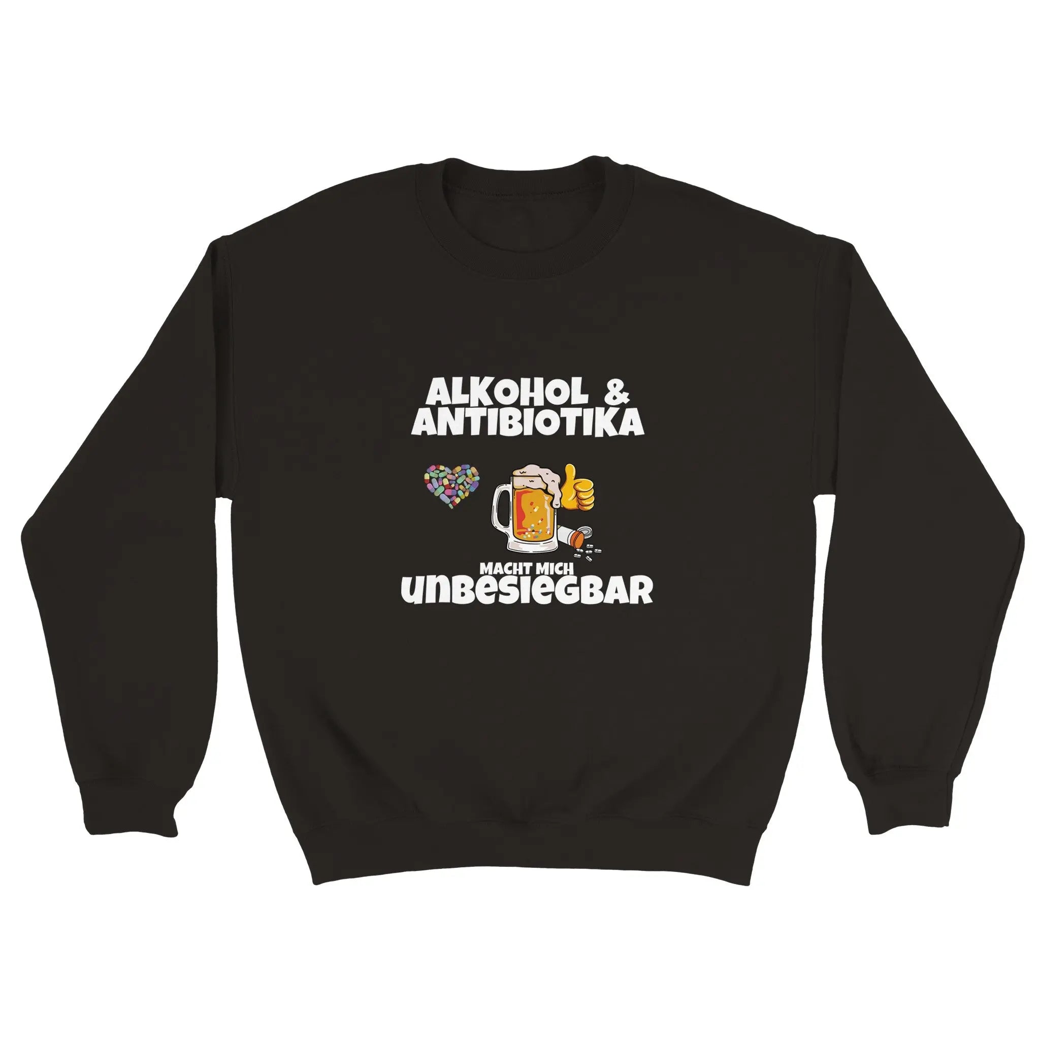 Alkohol und Antibiotika, kombiniert auf unserem Pullover für Männer und Frauen. Der Unisex Schnitt macht den Meme Pulli für alle tragbar und ist somit ein passendes Geschenk zu jedem Anlass.