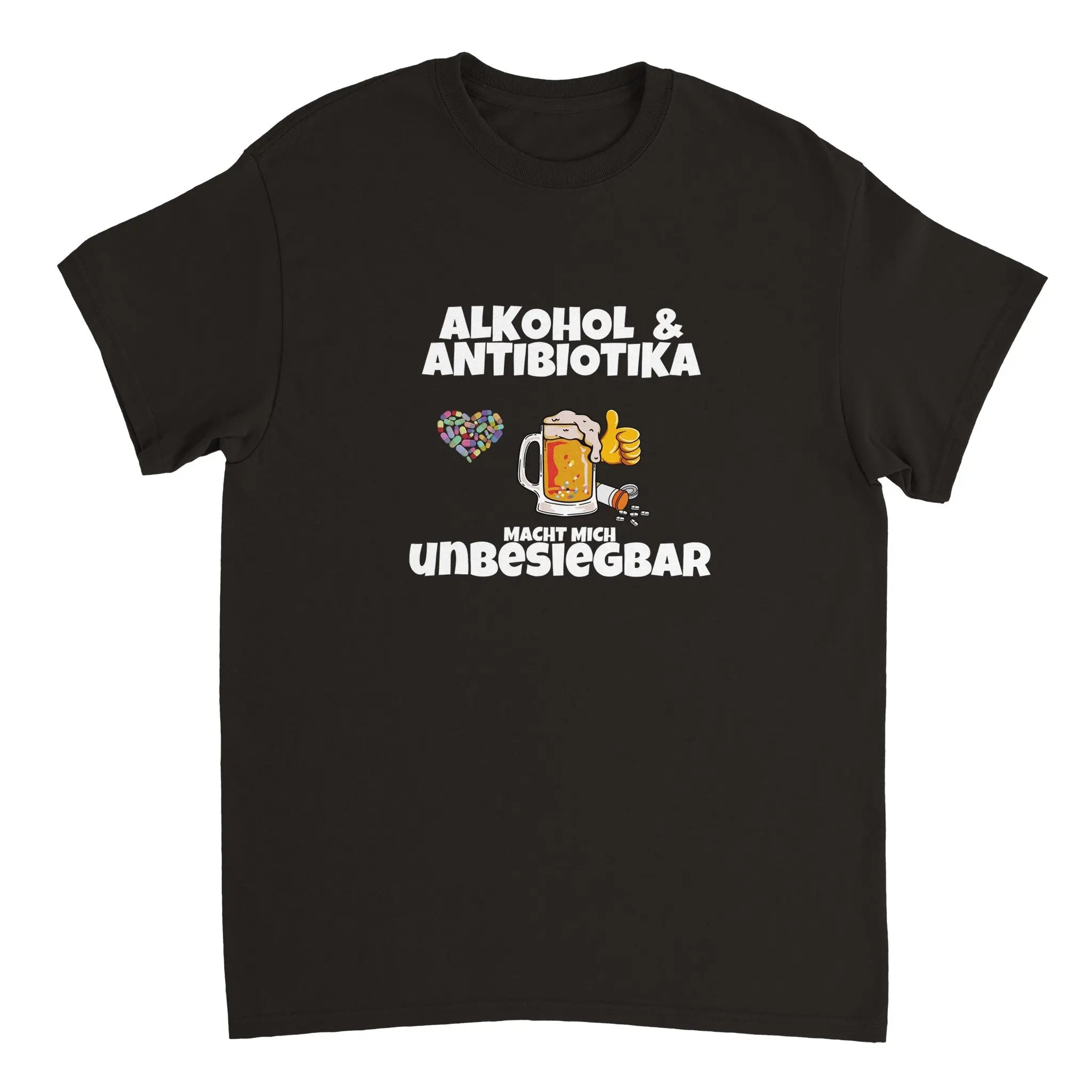 Alkohol und Antibiotika, kombiniert auf unserem T-Shirt für Männer und Frauen. Der Unisex Schnitt macht das Meme Shirt für alle tragbar und ist somit ein passendes Geschenk zu jedem Anlass.