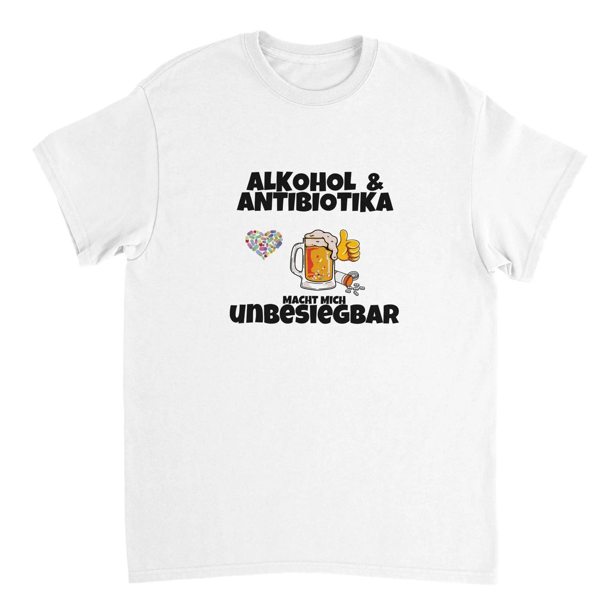 Alkohol und Antibiotika, kombiniert auf unserem T-Shirt für Männer und Frauen. Der Unisex Schnitt macht das Meme Shirt für alle tragbar und ist somit ein passendes Geschenk zu jedem Anlass.