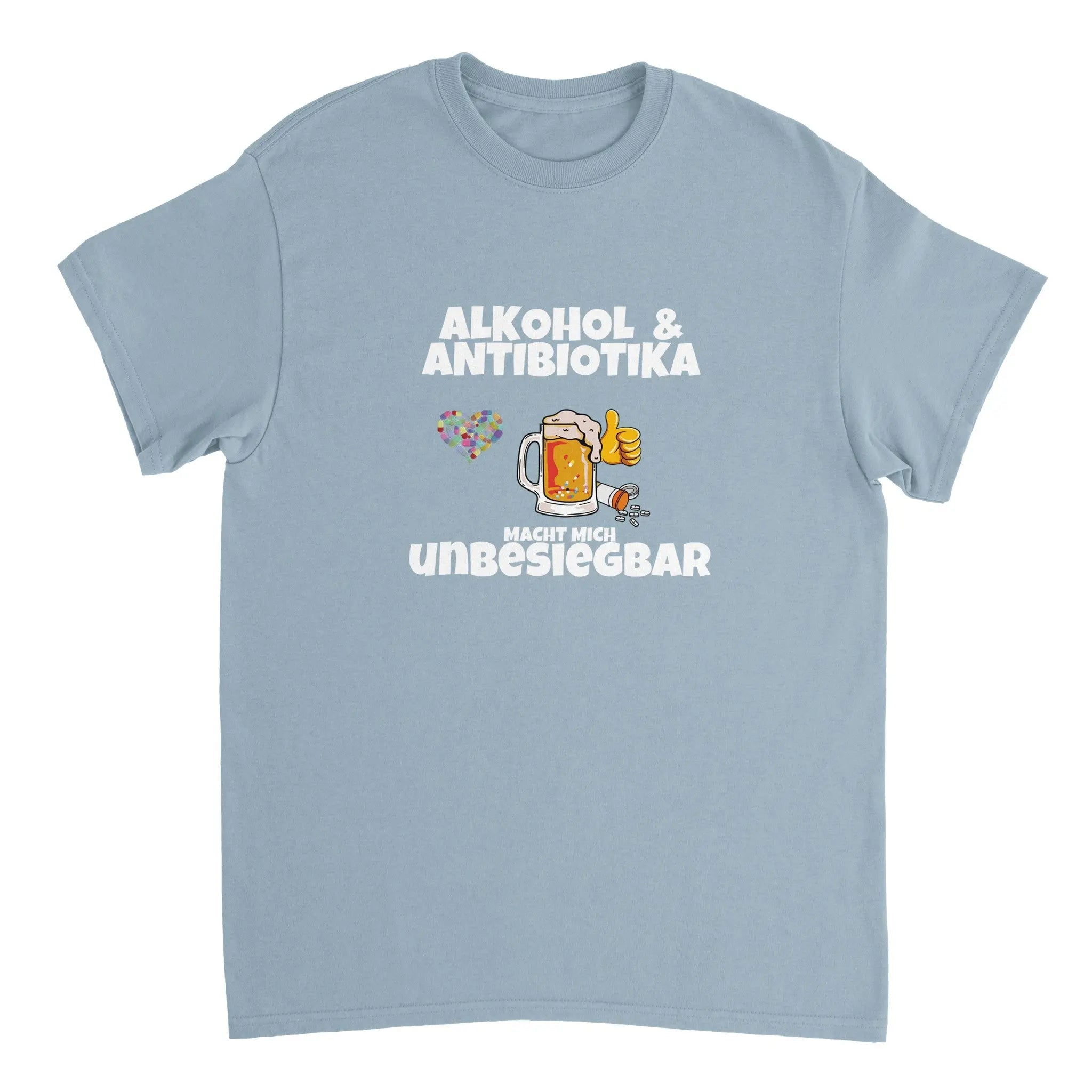 Alkohol und Antibiotika, kombiniert auf unserem T-Shirt für Männer und Frauen. Der Unisex Schnitt macht das Meme Shirt für alle tragbar und ist somit ein passendes Geschenk zu jedem Anlass.